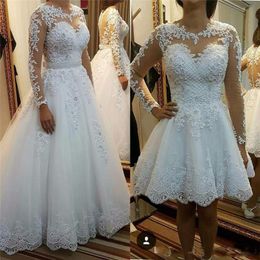 Detachable Skirt Wedding Gowns Vestido De Noiva De Renda Illusion Long Sleeve Bridal Gown with Lace Appliques