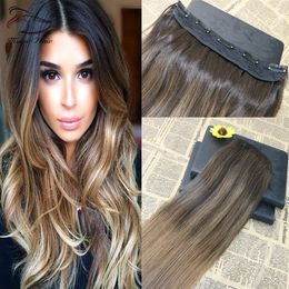 One Piece Clip In Human Hair Extensions Ombre Balayage Colour #2 Fading to Colour #8 5Clips With Lace