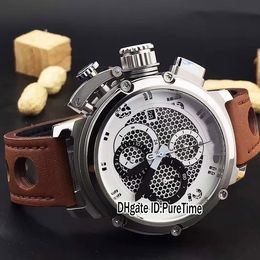 New High Quality U-51 U51 Chimaera Steel Case White Skeleton Dial Miyota Quartz Chronograph Mens Watch Stopwatch Black Leather Watc340u