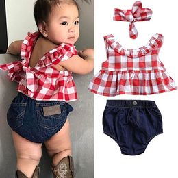 Cute newborn baby girls clothes shirts tops+denim briefs pants +headband outfits 3pcs/set baby lotus leaf collar shirt