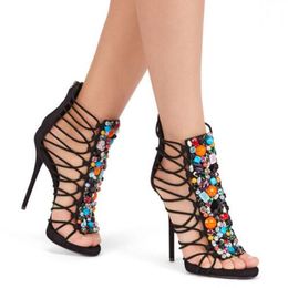 Sexy Woman Luxury Gem Multi Rhinestone Strappy Stiletto Heels Sandals Summer Thin high heels Ladies Crystal Beads Sandals Boots Shoes