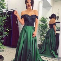 Light Hunter Green Prom Dresses A-Line Off The Shoulder Black Sequined Top Women Formal Wear Evening Gowns Cheap Sexy Party Dress