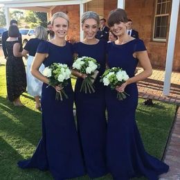 fall 2018 Modest Royal Blue Bridesmaid Dresses Long Jewel Neck Capped Sleeves Mermaid Court Train Royal Chiffon Maid of Honour Dresses