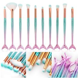 10pcs/set Mermaid Brush Makeup Brush Set Rainbow Face Cream Power Foundation Brushes Multipurpose Beauty Cosmetic Brushes