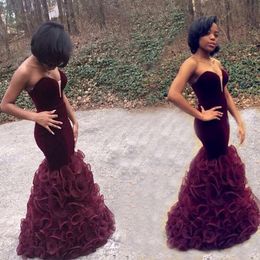 New African Velvet Burgundy Mermaid Prom Dresses Fast Shipping 2018 Organza Ruffles Long Prom Party Dress For Graduation