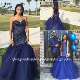 2018 Dark Blue Beaded Sheath Prom Dress Graduation Quinceanera Dresses Young Lady Bling Party Wear Lace Up Puffy Train Formal Prom Long Gown