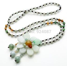 Burma a hand woven Jade Bead Necklace Sun Flower Pendant folk style jade Jewellery sweater chain