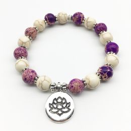 SN1327 Vintage Bohemia Jewelry Women`s Bracelet Trendy Design Lotus Charm Yoga Bracelet Natural Purple Regalite Stone Bracelet