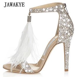 2018 Luxury Rhinestone Feather Gladiator Sandals Woman Open Toe Bling Fringe Tassel High Heel Shoes Women Sexy Wedding Shoes