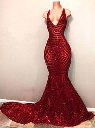 Red Blingbling Sequins Prom Dresses 2022 Sleeveless Mermaid Plunging V Neck Black Girl Prom Dress Evening Party Gowns