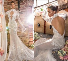 Elihav Sasson Mermaid Wedding Dresses 2019 High Neck Lace Sexy Hollow Back Illusion Long Sleeve Bridal Dress Sweep Train Plus Size Wedding