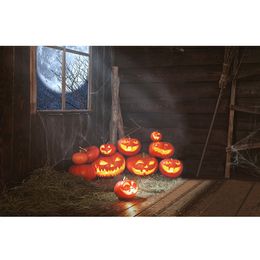 Rustic Barn Halloween Party Backdrop Vintage Wood Wall Floor Printed Straw Pumpkin Lanterns Kids Witch Photo Shoot Background