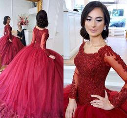 2022 Burgundy Puffy Ball Gown Quinceanera Dresses Scoop Neck Long Sleeves Lace Applique Beaded Sweet 16 Party Pageant Prom Evening Gowns