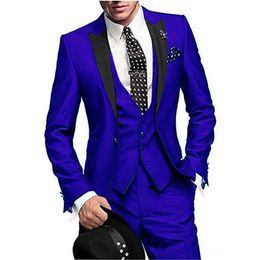 New Arrival Groomsmen Royal Blue Groom Tuxedos Peak Black Lapel Men Suits Wedding Best Man Bridegroom (Jacket + Pants + Vest + Tie) L167