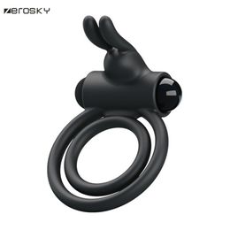 Zerosky Double Lock Male Vibrating Penis Ring Time Delay Cock Ring Male masturbation Rabbit Ear Vibrator Sex Toys for Men Y1892804
