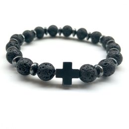 Fashion 8mm natural black Lava Stone Beads Cross Charm Bracelet Essential Oil Perfume Diffuser Bracelets Women Men Yoga Jewelry