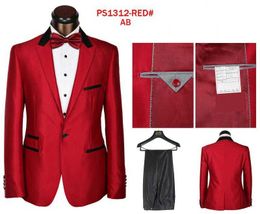 Customise Red Groom Tuxedos Peak Lapel One Button Back Vent Groomsmen Blazer Excellent Men Business Formal Prom Suit(Jacket+Pants+Bows Tie)