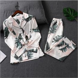 Fdfklak Spring Autumn Pyjamas Women Night Suits Two Piece Sleepwear Set Long Sleeve Silk Pyjamas Pijama Womens Loungewear Q1198