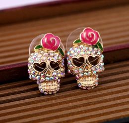 New Arrivals Fashion Roses Skull Head Brincos Oorbellen Coloured Crystal Stud Earrings Women Jewellery for gift