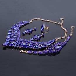 Necklace Blue Crystal Rhinestone Gold Color Necklace Earrings Bracelet Ring Set for Women Wedding Bridal Jewelry Sets