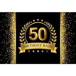 Customised 50th Birthday Bash Backdrop Black Printed Gold Ribbon Stars Bokeh Polka Dots Party Theme Photo Booth Background Vinyl