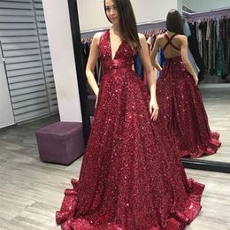 Sexy Dark Red Sequined Evening Dress Sparkly Sequins Sleeveless Cross Backless Floor Length Prom Gowns 2018 New A-Line Plus Size Party Dress
