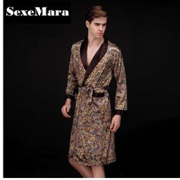 Spring Summer New Luxury Print Silk Robe Male Bathrobe Mens Kimono Bath Gown Mens Faux Silk Robes Dressing Gowns D7-AE-63