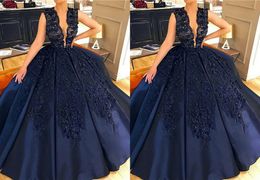 Amazing Navy Quinceanera Prom Dress Deep V neck Lace Sequins Beaded Satin Long Cheap Sweet 16 Ball Gowns Formal Evening Dress New 2019