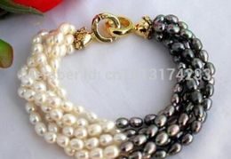 Free Shipping>>>6ROW 8" 7mm rice white black FW pearl bracelet