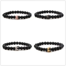 4 Colors Crystal Crown Charms 8MM Matted Black Stone Beads Bracelet Stretch Yoga Jewelry
