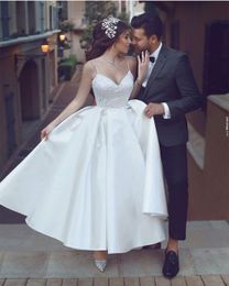 Gorgeous Short Wedding Dresses V Neck Spaghetti Straps Lace Satin Ankle Length Beach Wedding Gowns Elegant Bridal Dresses Zipper Up