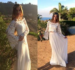 -Модные две пьесы пляжные свадебные платья с длинным рукавом элегантные свадебные платья Vestidos de Noiva нестандартного размера совок шеи кружева топ шифон