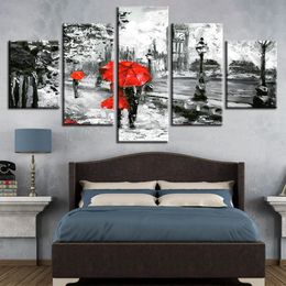 Canvas Painting Wall Art Prints 5 Pieces Red Umbrella Lover Poster London Street Rain View Pictures Living Room Retro Home Decor