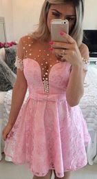 Sheer Neckline Short Prom Dresses 2018 Pearls Bow Lace Ruched Short Sleeve Hollow Back Party Dress Homecoming Dress Custom Made