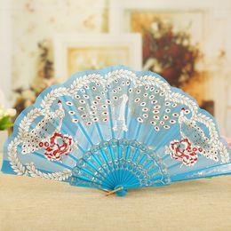 Peacock bronzing Folding Fabric Fan Chinese Dancing Hand Fans Women Small Plastic Wedding Favour Fans 10pcs/lot