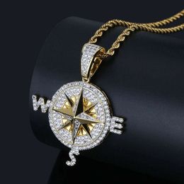 New Fashion Trendy Men Hip Hop Necklace Yellow White Gold CZ Compass Pendant Necklaces for Men Women Nice Jewellery Gift