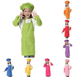 3pcs/set Children Kitchen Waists 12 Colours Kids Aprons with Sleeve and Chef Hats for Painting Cooking Baking