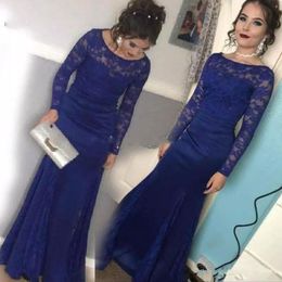 Royal Blue Lace Mermaid Mother Of The Bride Dresses Long Sleeve Bateau Neck Illusion Prom Dress Split Long Saudi Arabric Formal Dress