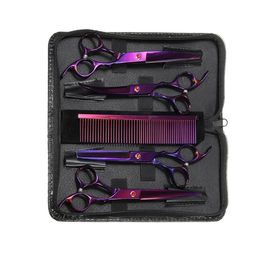 7" Purple Professional 6PCS/Pet Grooming Scissors Shears Kit Dog Hair Curved Trimmer Pet Hairdressing Beauty Accessories