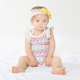 Baby Clothes 2018 Cotton Sleeveless Baby Rompers Easter Day Colorful Eggs Printed Lace Jumpsuit+Headband Baby Shower Gifts Costume For Kids