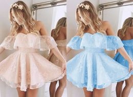 2022 Light Coral Homecoming Party Dress Cheap Off the shoulder Lace Baby Blue Short Sleeves A line Prom Graduation Dress Gowns New