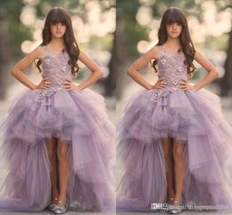 High Low Girls Pageant Gowns Lace Applique Sleeveless Flower Girl Dresses For Wedding Purple Tulle Puffy Kids Communion Dress