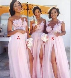 Cheap Country blush pink bridesmaid dresses 2017 Sexy sheer Jewel neck lace appliques maid of Honour dresses split formal evening gowns wear