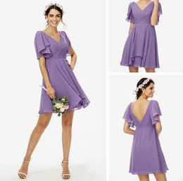 Plus Size Short Sleeves V-Neck Bridesmaids Dresses Chiffon Short Length Maid of Honour Dress Backless A Line Beach Wedding Party Gowns