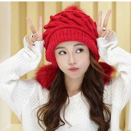 Winter Pompom Rabbit Fur Hats For Women Ladies Ear Protection Knitted Beanie Cap Thick Warm Ski Bonnet Hat