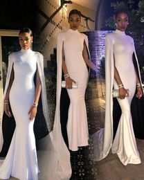 Elegant High Neckline Mermaid Evening Dresses White Cape African Formal Evening Prom Gowns Party Wear Dress Red Carpet Celebrity Dress