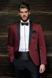 Burgundy Mens Suits Slim Fit Two Pieces Groomsmen Wedding Tuxedos For Men Blazers Shawl Lapel Formal Suit With Waistband (Jacket+Pants)