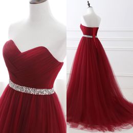 Stunning Wine Red Prom Dresses Long Soft tulle with Sparkling Sash Beads Sequins Sweep Train Prom Dress Evening Gowns