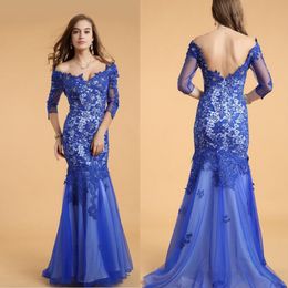 Lace V-neck Blue Half Sleeves Backless Long Prom Dresses 3/4 Sleeves Lace Mermaid Long Evening Dress Sexy