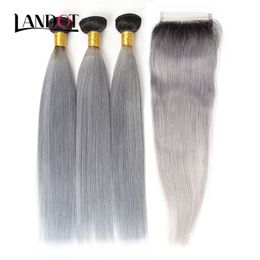 9A Ombre 1B/Grey Lace Closures With 3 Bundles Brazilian Virgin Human Hair Weaves Straight Ombre Peruvian Malaysian Indian Hair Extensions